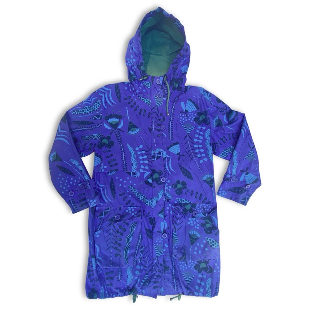 Gudrun Sjoden Purple Green  Florals Hooded Rain Jacket Women Size Small Pocket